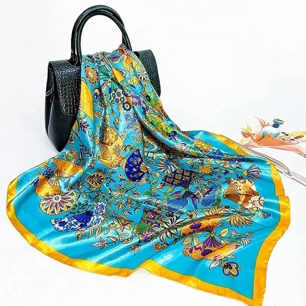 Bright Blue Patterned Silky Scarf